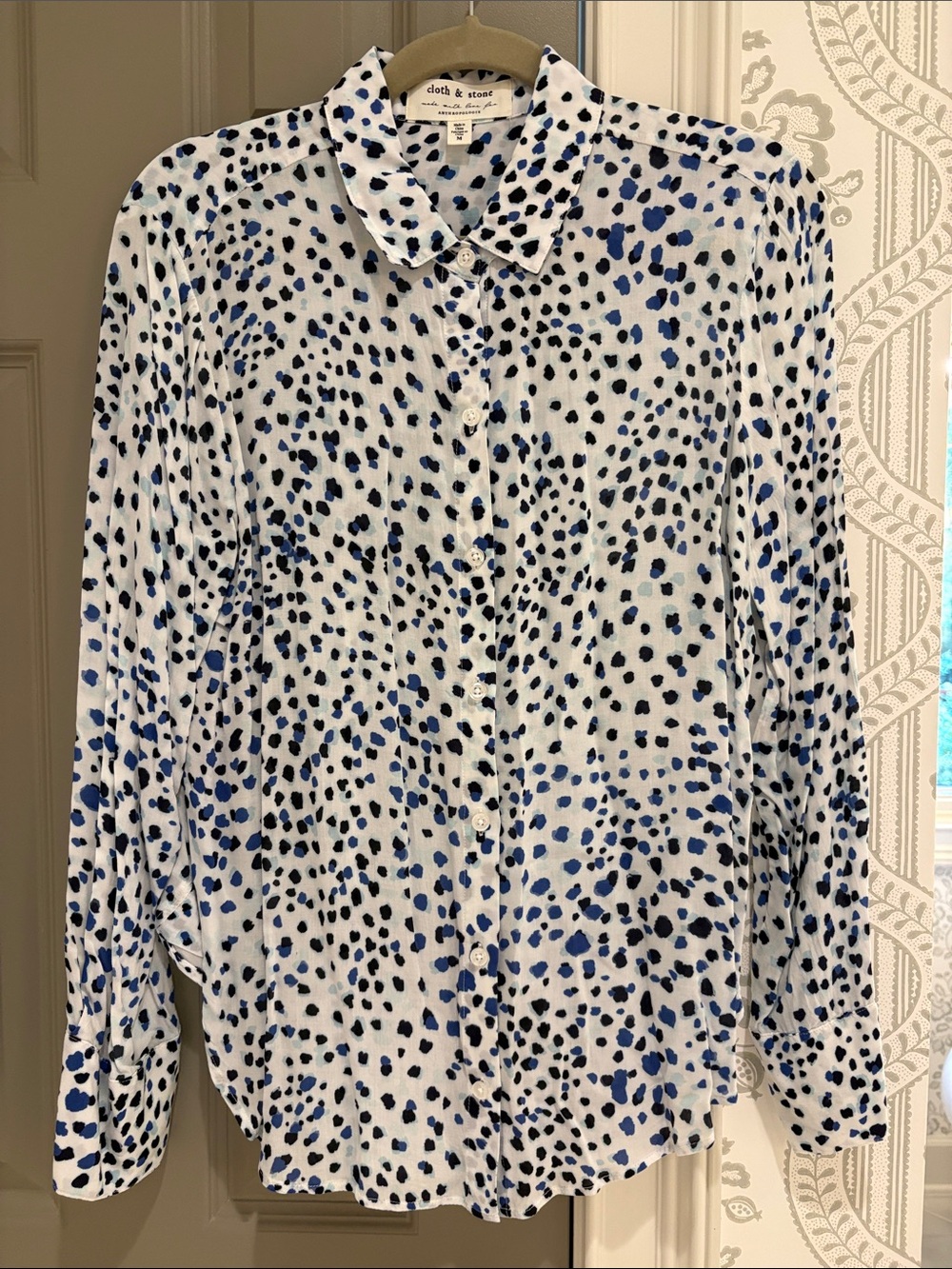 cloth & stone White Button-Down Shirt with Blue and Black Spot Print